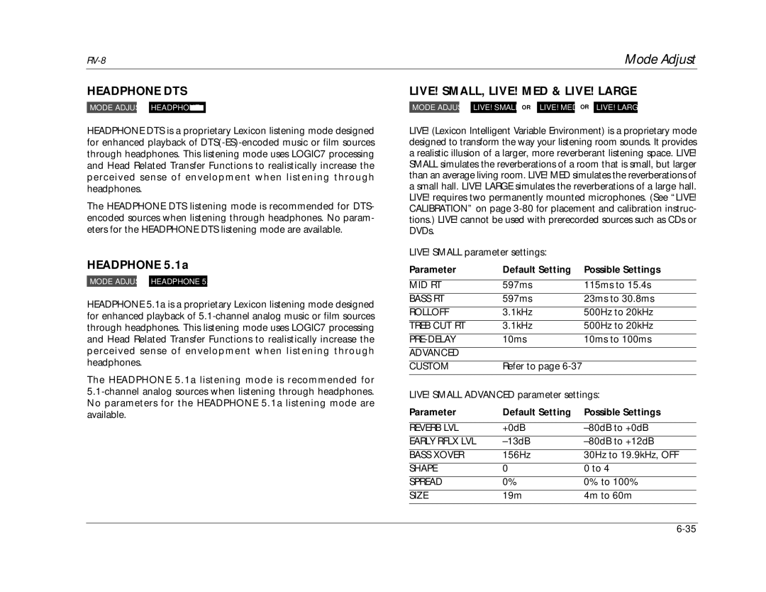 Lexicon RV-8 manual Headphone DTS, Headphone 5.1a, LIVE! SMALL, LIVE! MED & LIVE! Large 