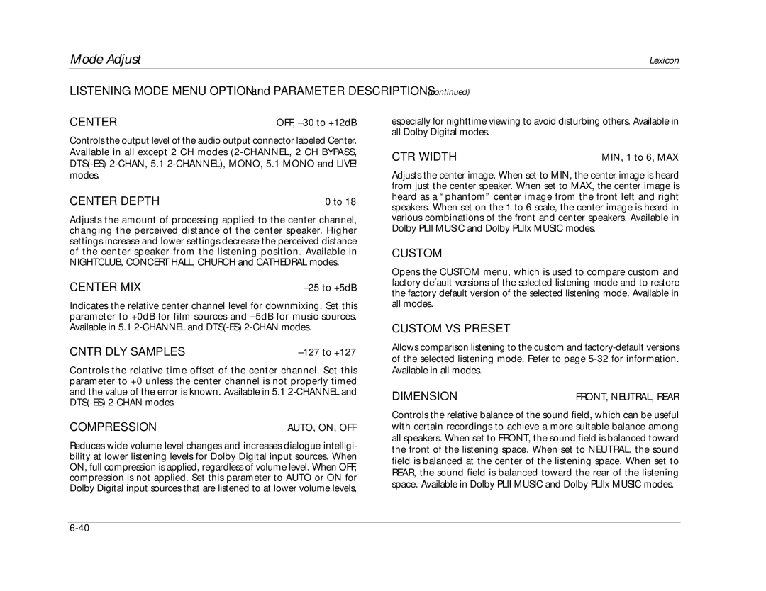 Lexicon RV-8 manual Center Depth, Center MIX, Cntr DLY Samples, Compression, CTR Width, Custom, Dimension 