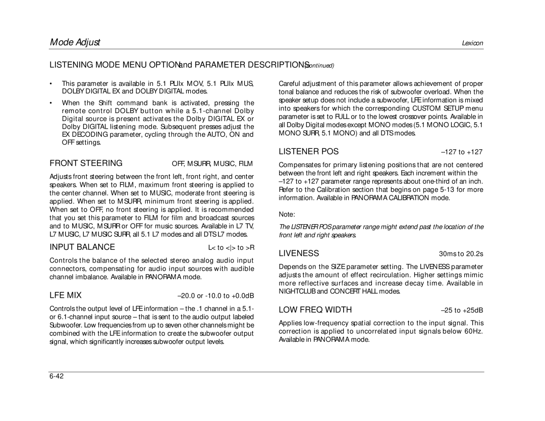 Lexicon RV-8 manual Front Steering, Input Balance, Lfe Mix, Listener POS, Liveness, LOW Freq Width 