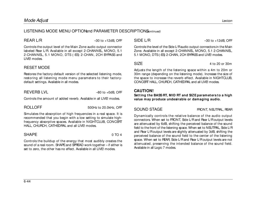 Lexicon RV-8 manual Rear L/R, Reverb LVL, Rolloff, Shape, Side L/R, Size, Sound Stage 