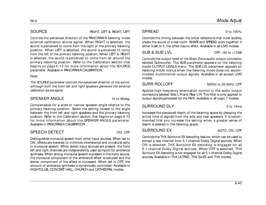 Lexicon RV-8 manual Source, Speaker Angle, Speech Detect, Spread, Sub & Sub Lvl, Surr Rolloff, Surround DLY, Surround EX 