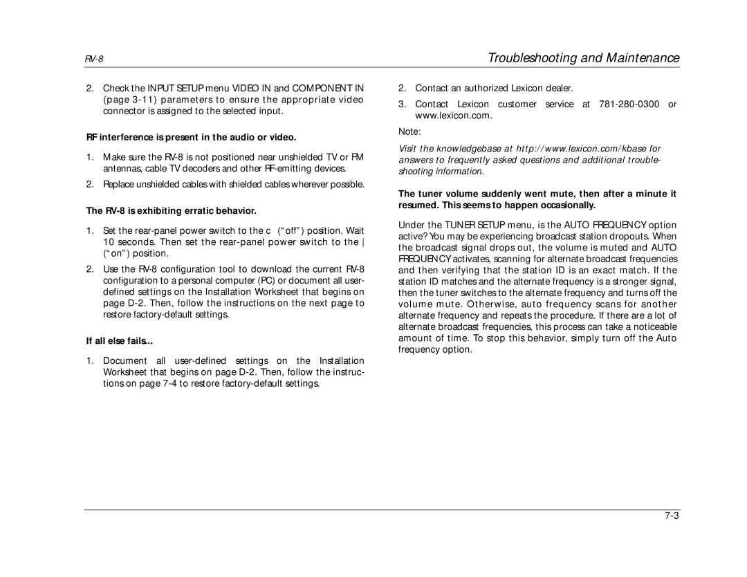 Lexicon manual RF interference is present in the audio or video, RV-8 is exhibiting erratic behavior, If all else fails 