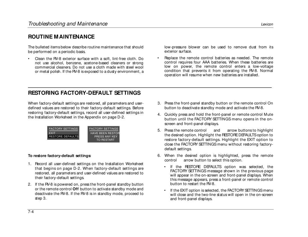 Lexicon RV-8 manual Routine Maintenance, Restoring FACTORY-DEFAULT Settings, To restore factory-default settings 