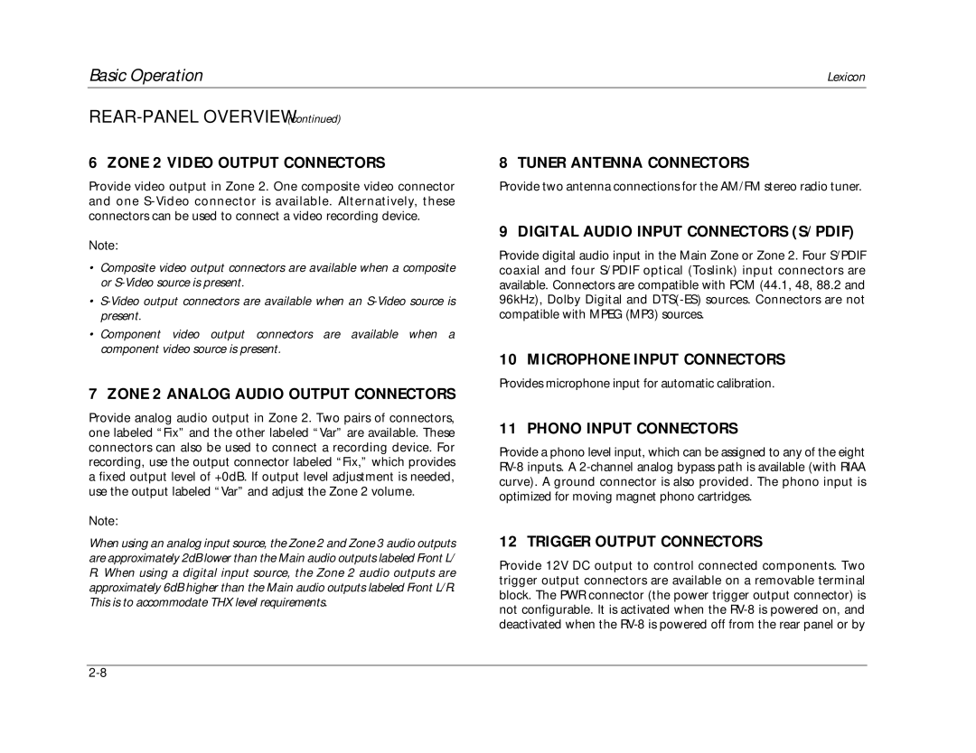 Lexicon RV-8 manual Zone 2 Video Output Connectors, Zone 2 Analog Audio Output Connectors, Tuner Antenna Connectors 
