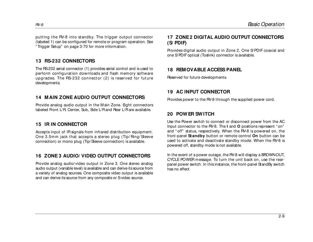 Lexicon RV-8 manual 13 RS-232 Connectors, Main Zone Audio Output Connectors, IR in Connector, Removable Access Panel 