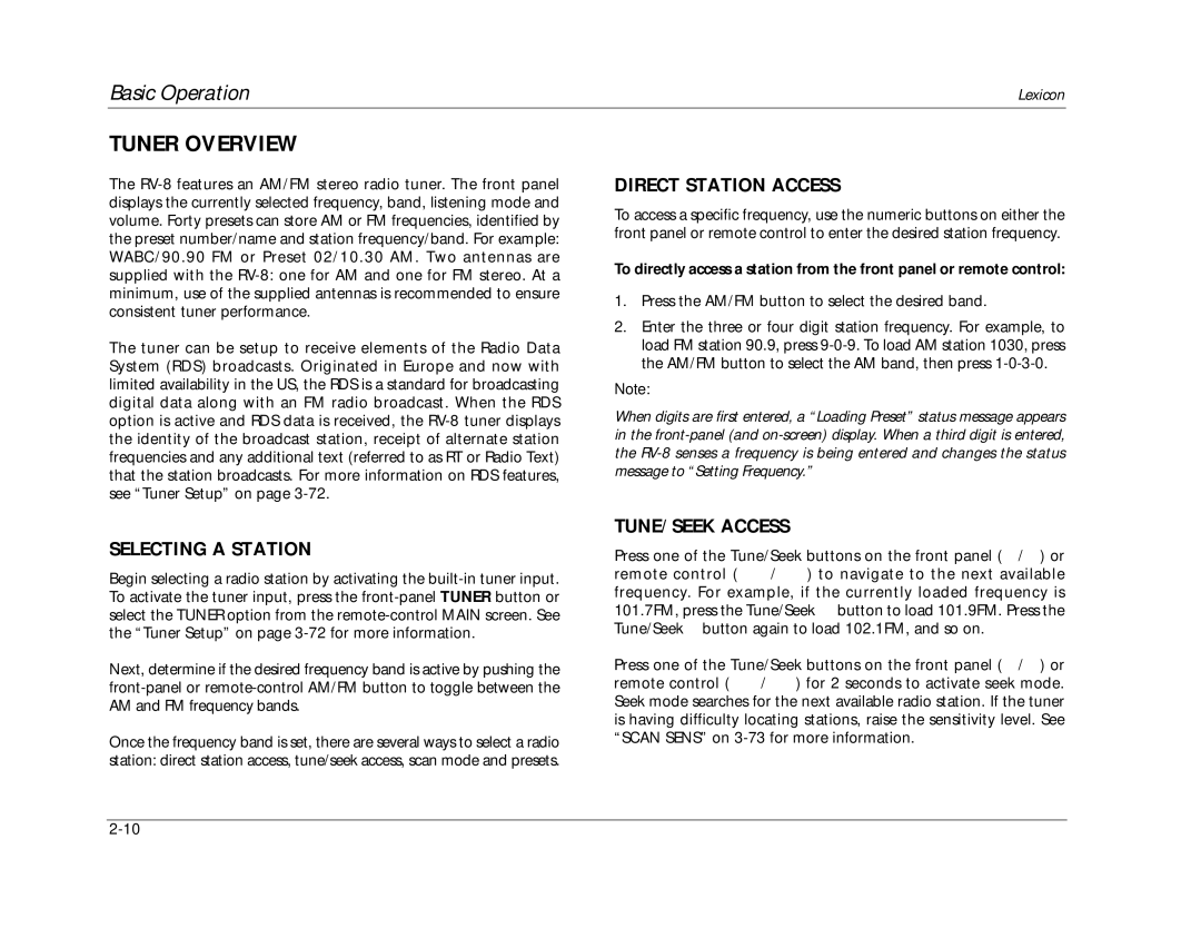 Lexicon RV-8 manual Tuner Overview, Selecting a Station, Direct Station Access, TUNE/SEEK Access 