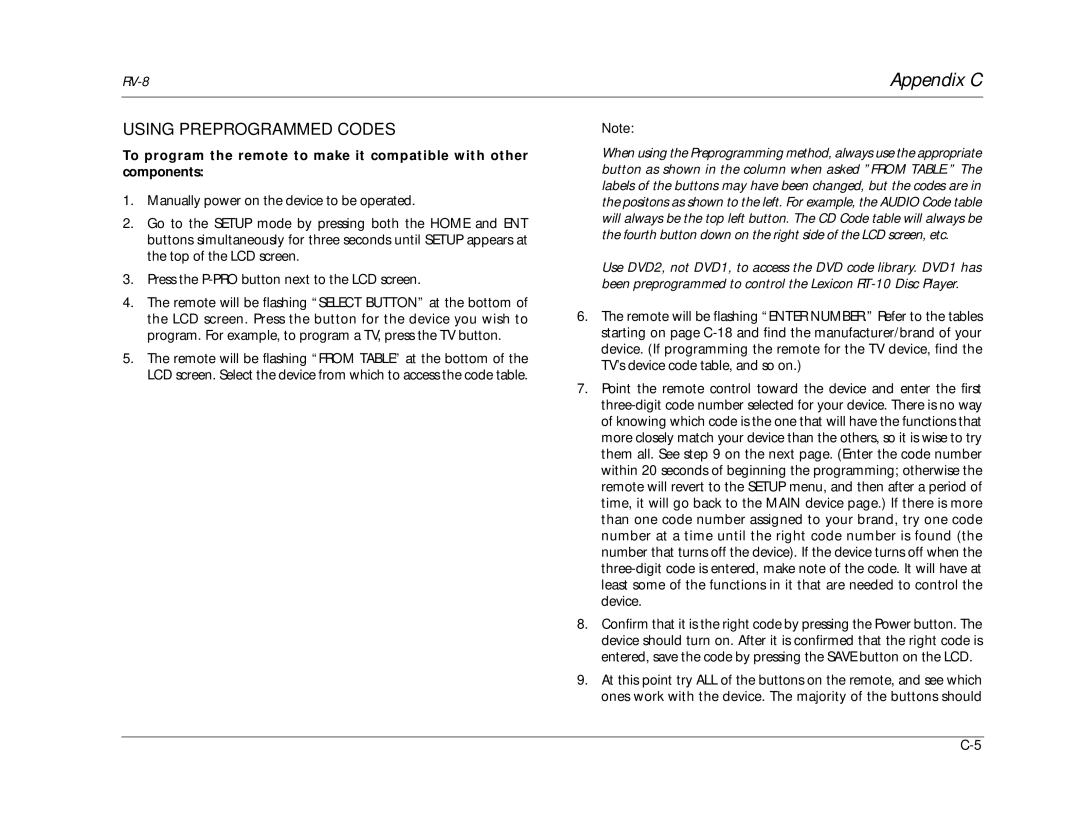 Lexicon RV-8 manual Using Preprogrammed Codes 