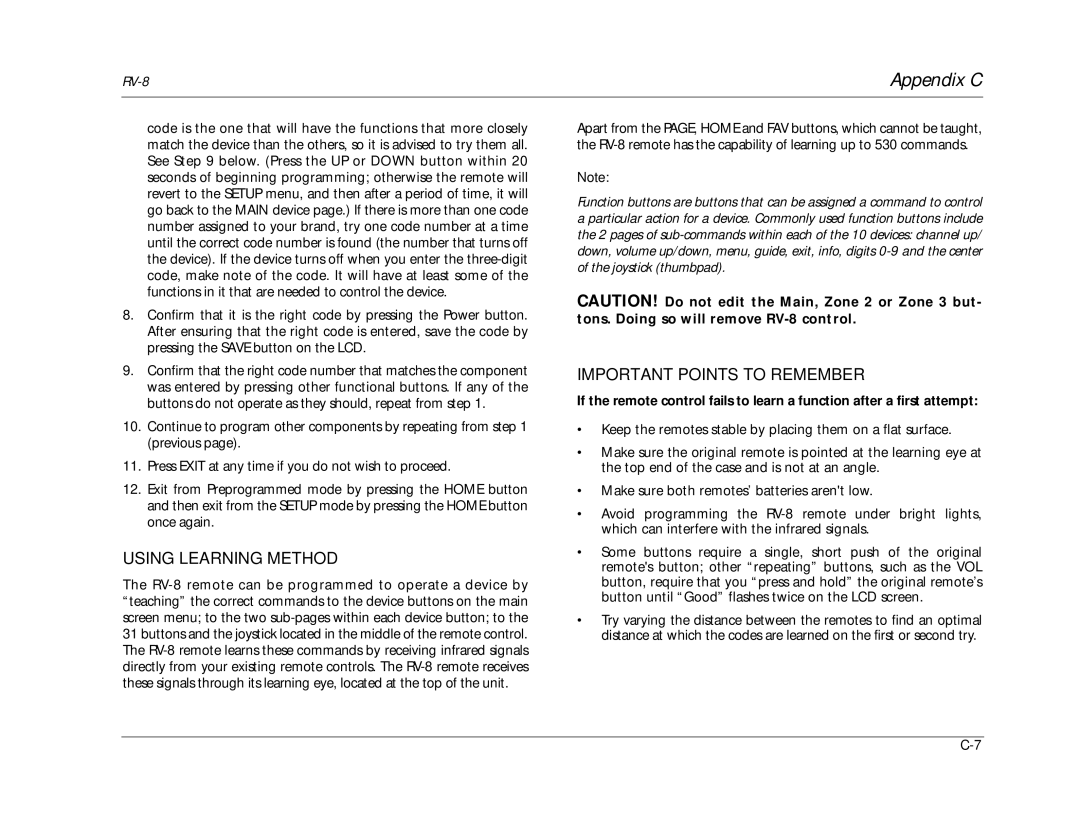 Lexicon RV-8 manual Using Learning Method, Important Points to Remember 