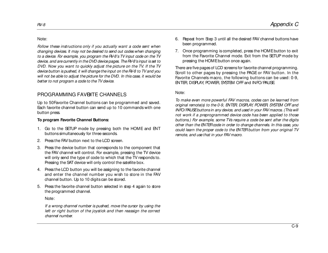 Lexicon RV-8 manual Programming Favorite Channels, To program Favorite Channel Buttons 