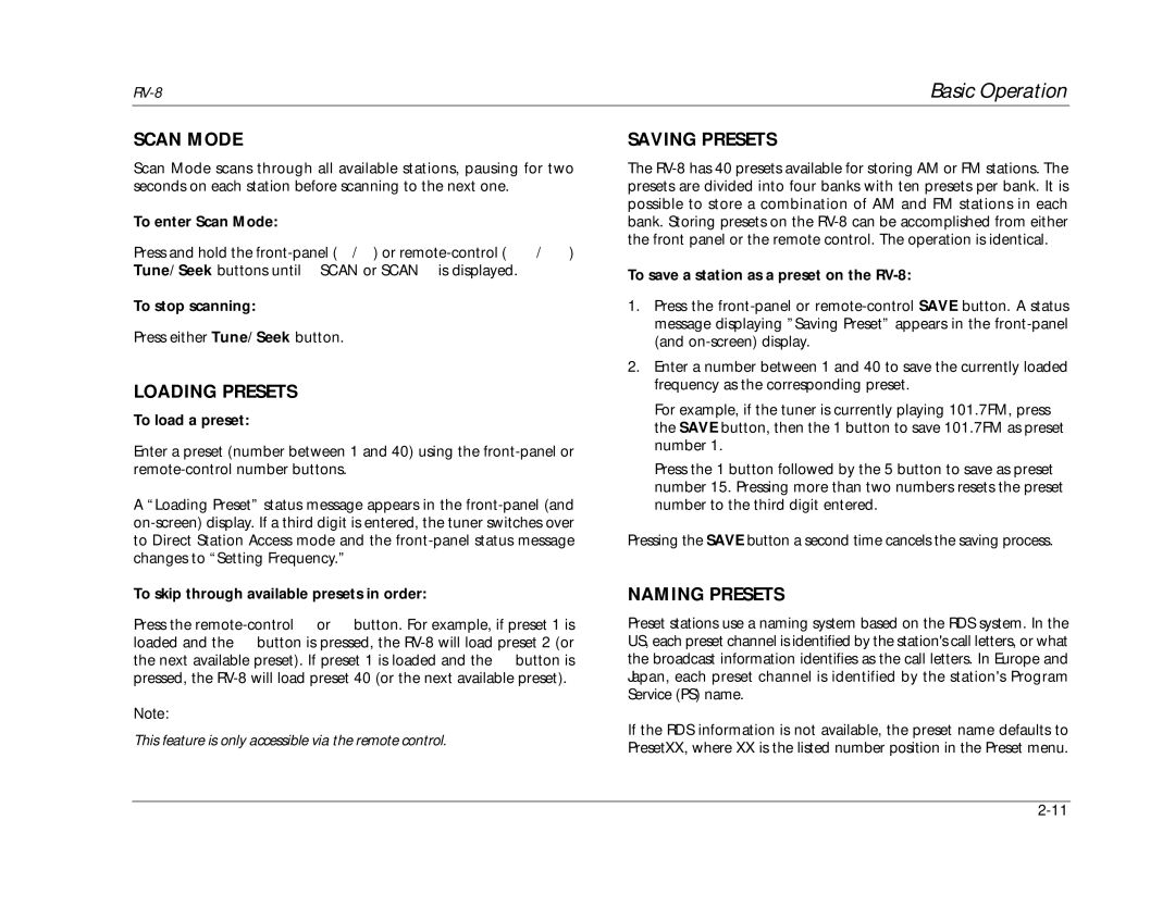 Lexicon RV-8 manual Scan Mode, Loading Presets, Saving Presets, Naming Presets 