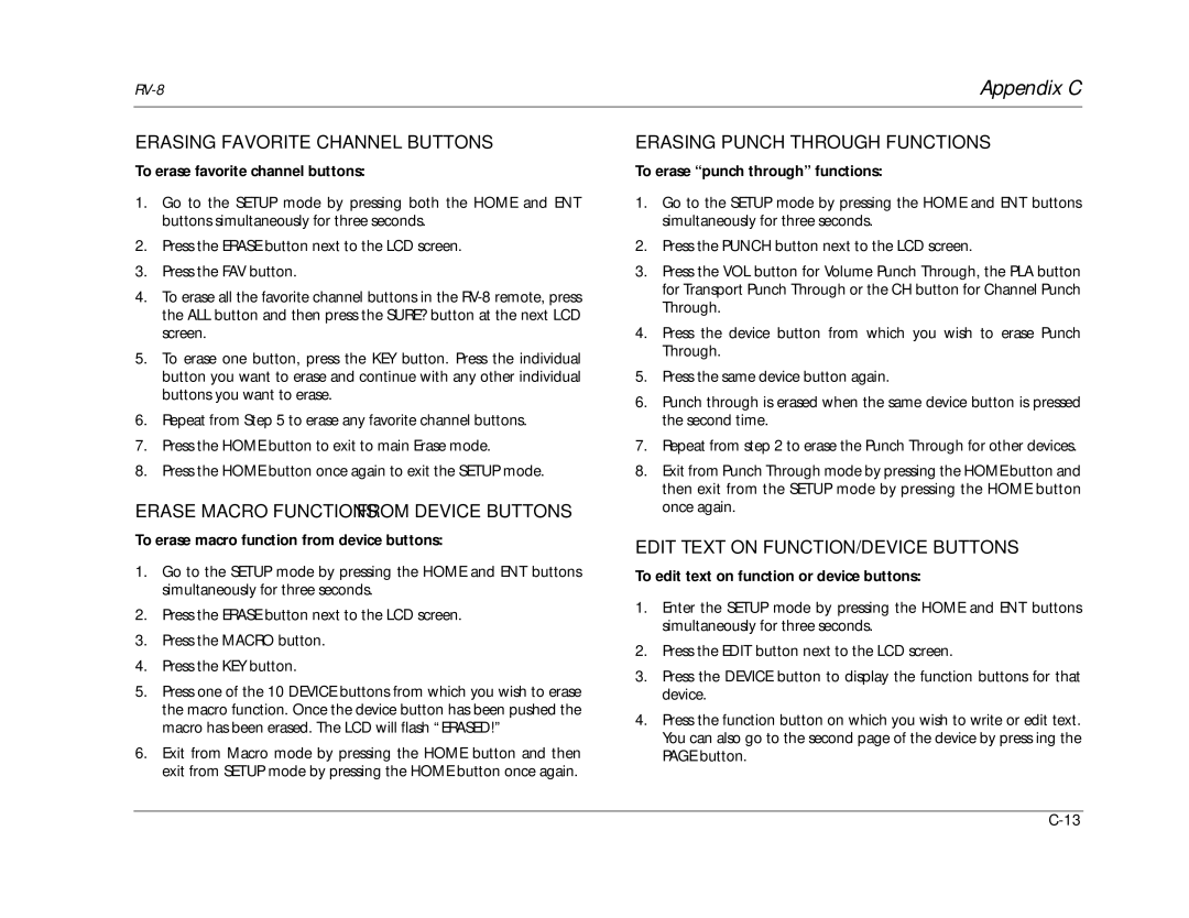 Lexicon RV-8 Erasing Favorite Channel Buttons, Erase Macro Functions from Device Buttons, Erasing Punch Through Functions 