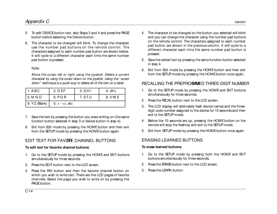 Lexicon RV-8 manual Recalling the Preprogrammed THREE-DIGIT Number, Edit Text for Favorite Channel Buttons 