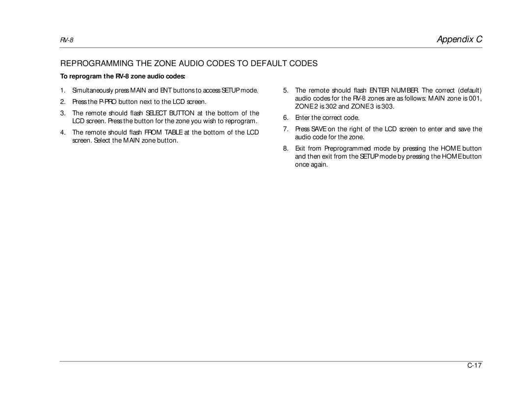 Lexicon manual Reprogramming the Zone Audio Codes to Default Codes, To reprogram the RV-8 zone audio codes 