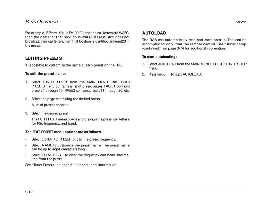 Lexicon RV-8 manual Editing Presets, Autoload, To edit the preset name, Edit Preset menu options are as follows 