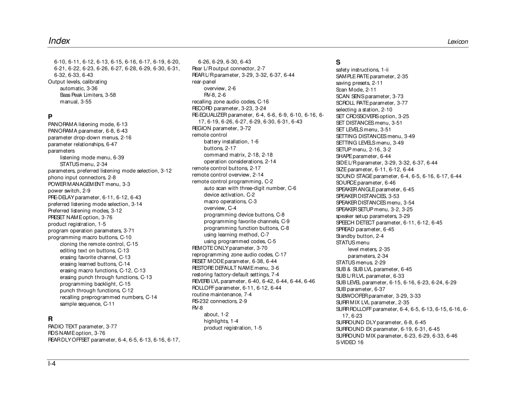 Lexicon RV-8 manual SUB & SUB LVL parameter, 6-45 SUB L/R LVL parameter 