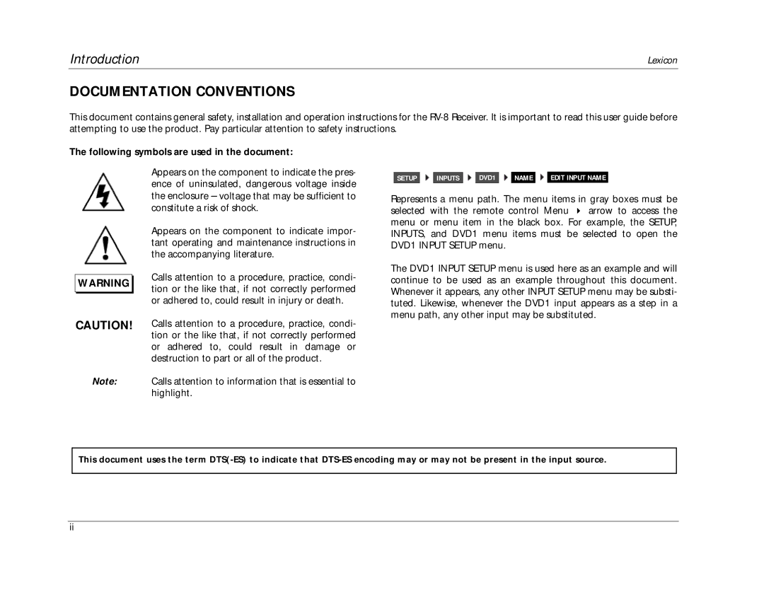 Lexicon RV-8 manual Documentation Conventions, Following symbols are used in the document 