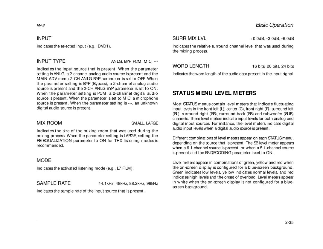 Lexicon RV-8 manual Status Menu Level Meters 