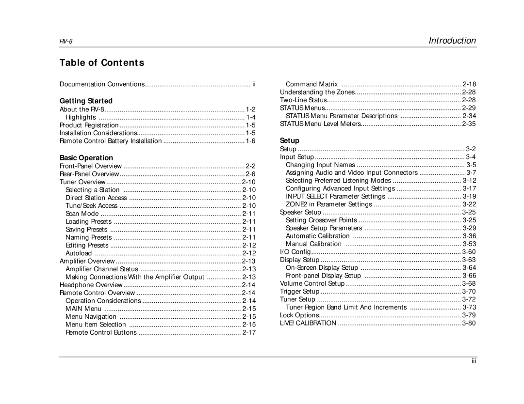 Lexicon RV-8 manual Table of Contents 