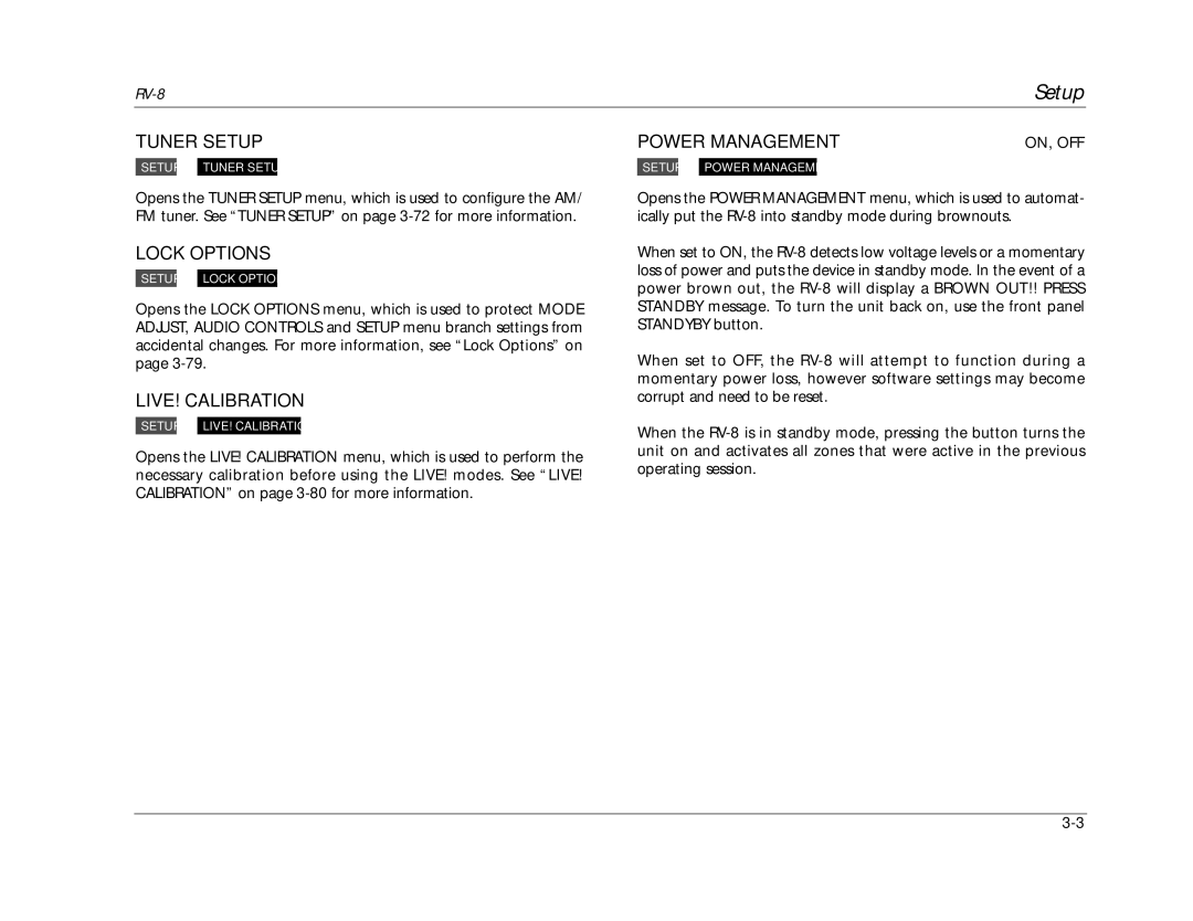 Lexicon RV-8 manual Tuner Setup, Lock Options, LIVE! Calibration, Power Management 