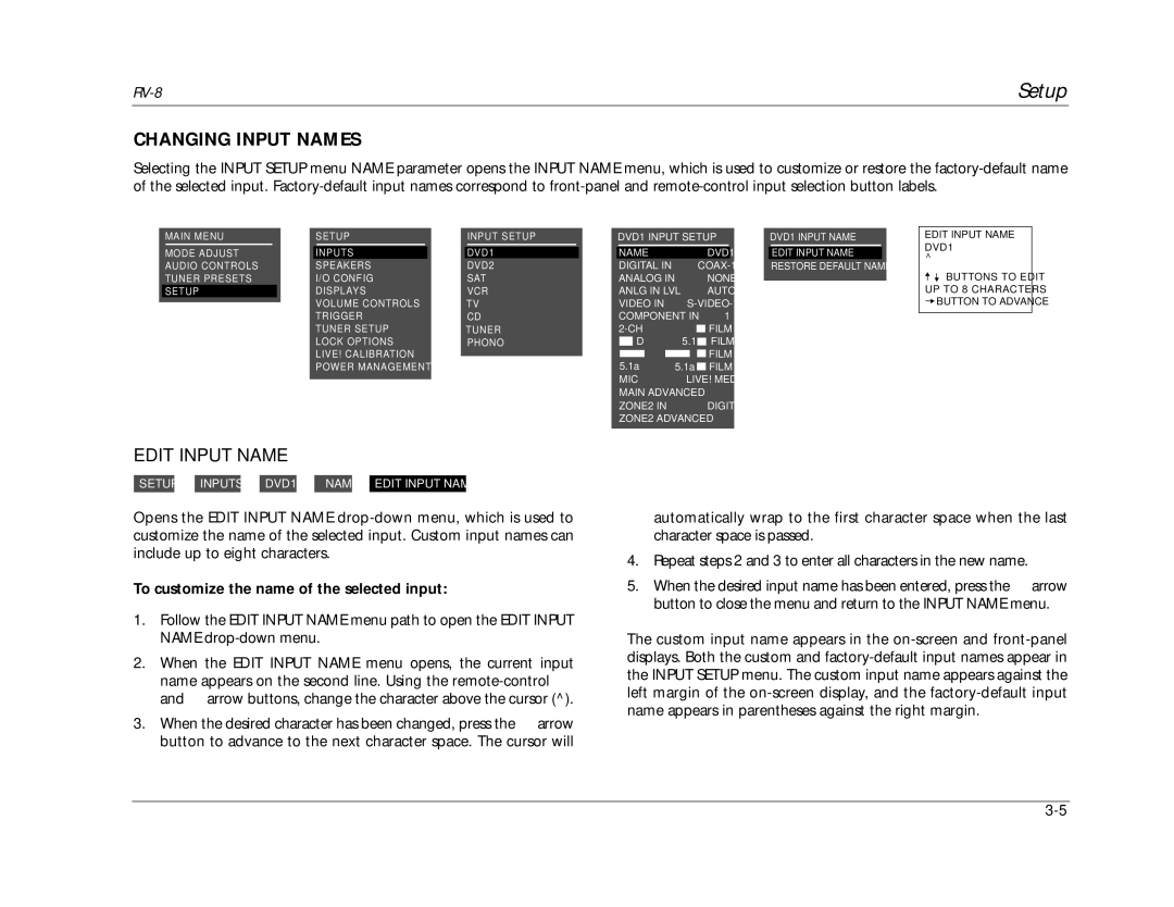 Lexicon RV-8 manual Changing Input Names, Edit Input Name, To customize the name of the selected input 