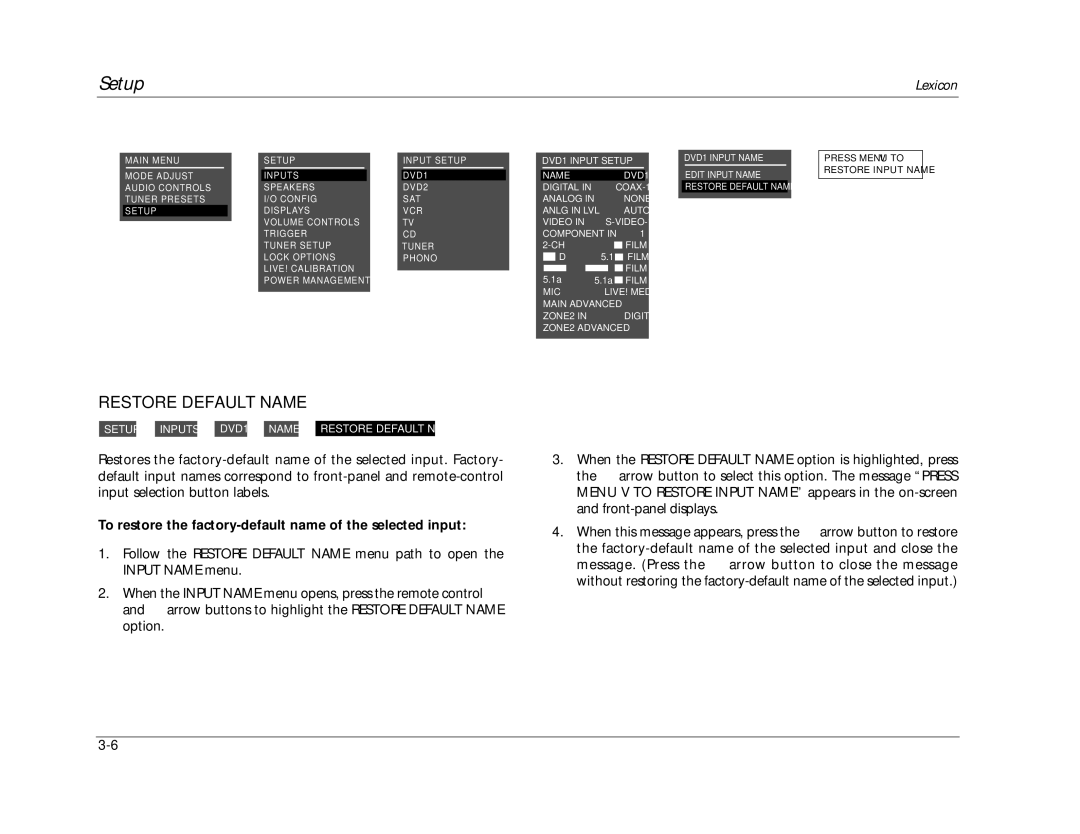 Lexicon RV-8 manual Restore Default Name, To restore the factory-default name of the selected input 