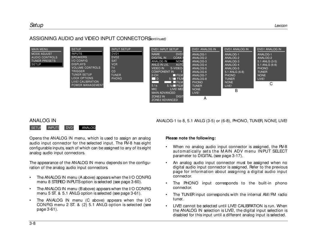 Lexicon RV-8 manual Assigning Audio and Video Input Connectors, Analog 