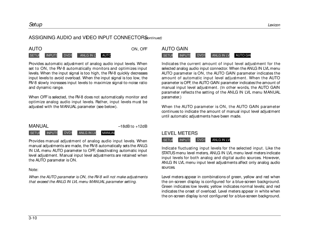 Lexicon RV-8 manual Manual, Auto Gain, Level Meters 