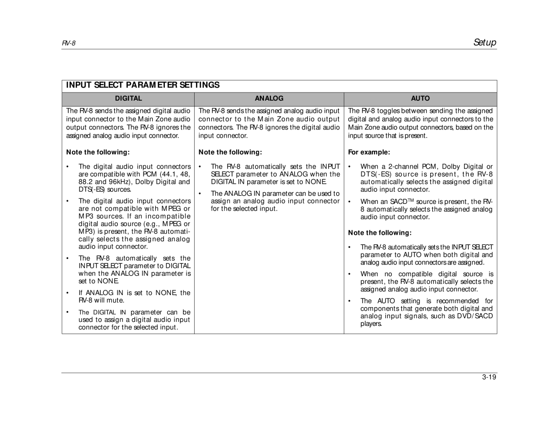 Lexicon RV-8 manual Input Select Parameter Settings, Digital Analog Auto, For example 