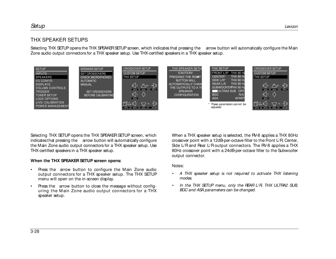 Lexicon RV-8 manual THX Speaker Setups, When the THX Speaker Setup screen opens 