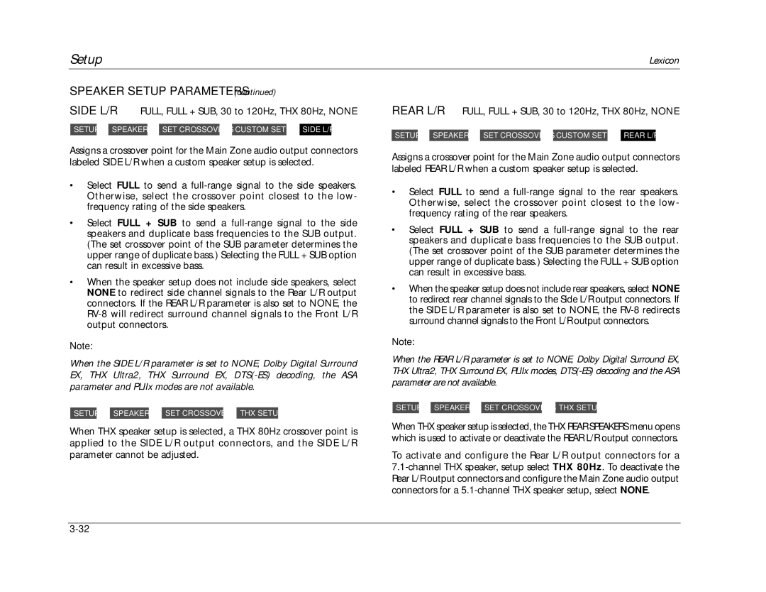 Lexicon RV-8 manual Side L/R FULL, Full + SUB, 30 to 120Hz, THX 80Hz, None 