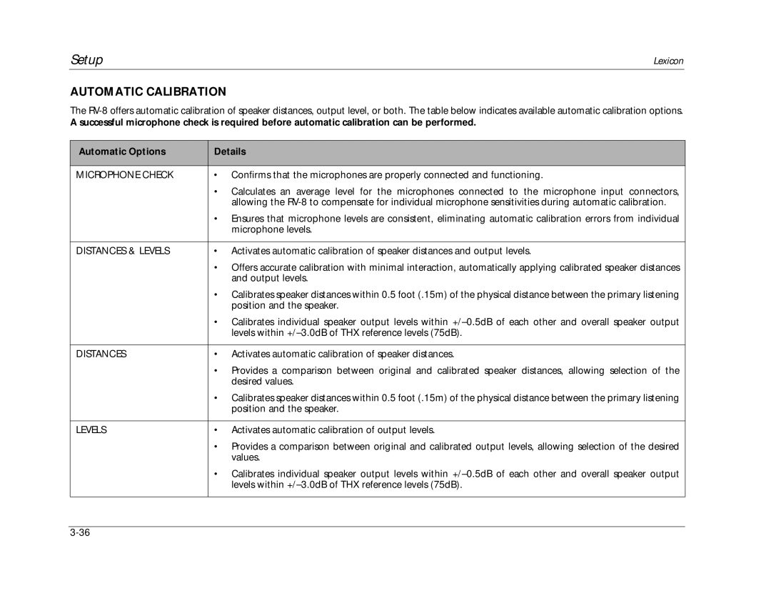 Lexicon RV-8 manual Automatic Calibration, Microphone Check, Distances & Levels 