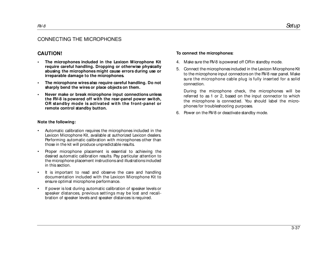 Lexicon RV-8 manual Connecting the Microphones, To connect the microphones 