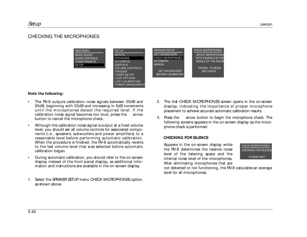 Lexicon RV-8 manual Checking the Microphones, Checking for Silence 