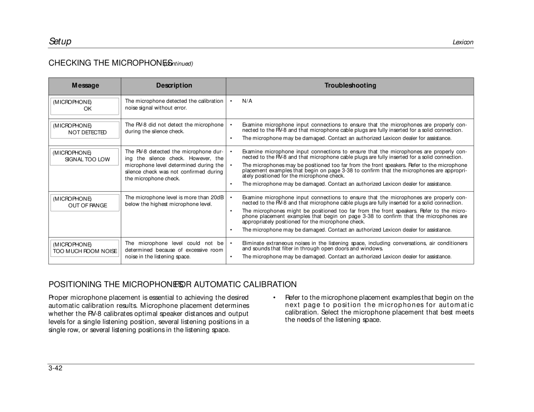 Lexicon RV-8 manual Checking the Microphones, Positioning the Microphones for Automatic Calibration 