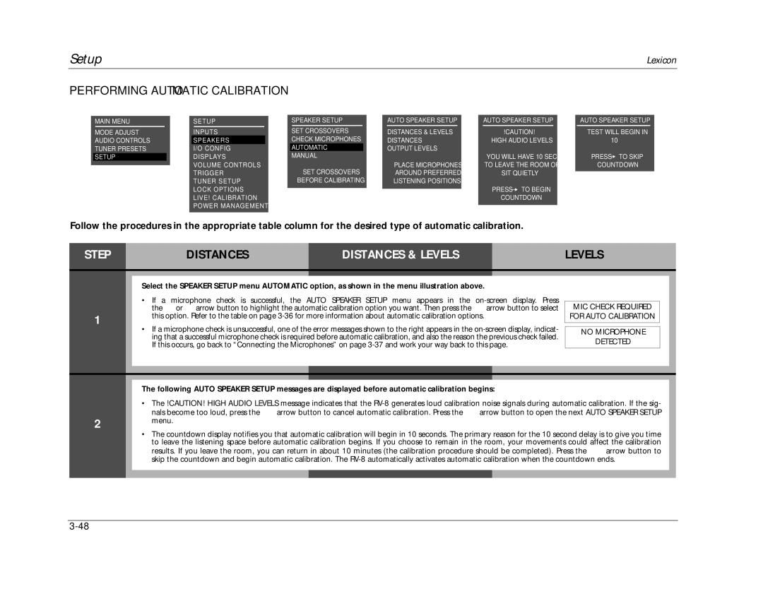 Lexicon RV-8 manual Performing Automatic Calibration, Auto Speaker Setup 