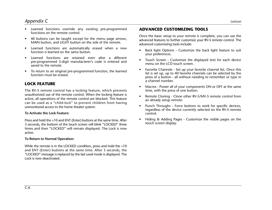 Lexicon RV Receiver manual Advanced Customizing Tools, To Activate the Lock Feature, To Return to Normal Operation 