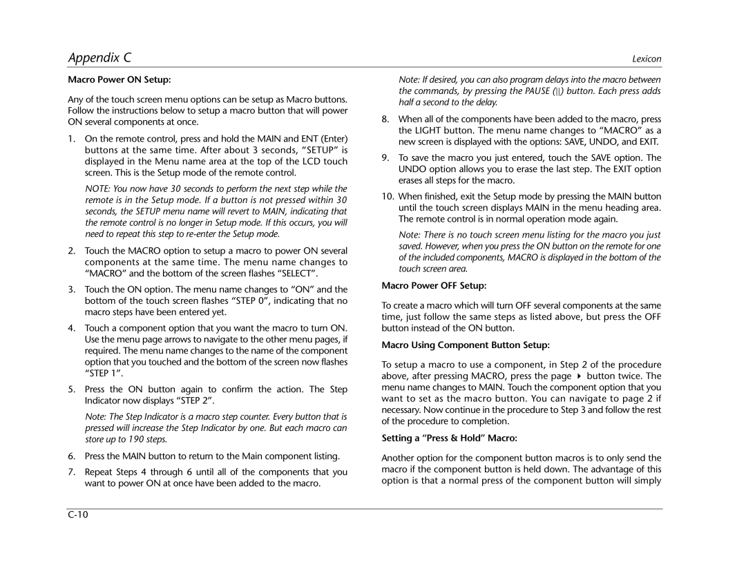 Lexicon RV Receiver manual Macro Power on Setup, Macro Power OFF Setup, Macro Using Component Button Setup 