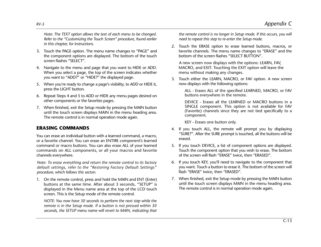 Lexicon RV Receiver manual Erasing Commands 