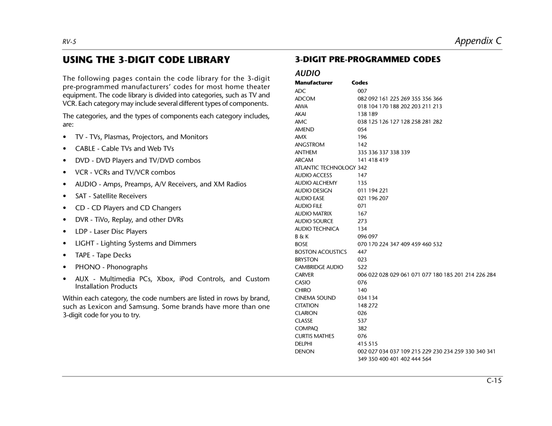 Lexicon RV Receiver manual Using the 3-DIGIT Code Library, Digit PRE-PROGRAMMED Codes Audio 