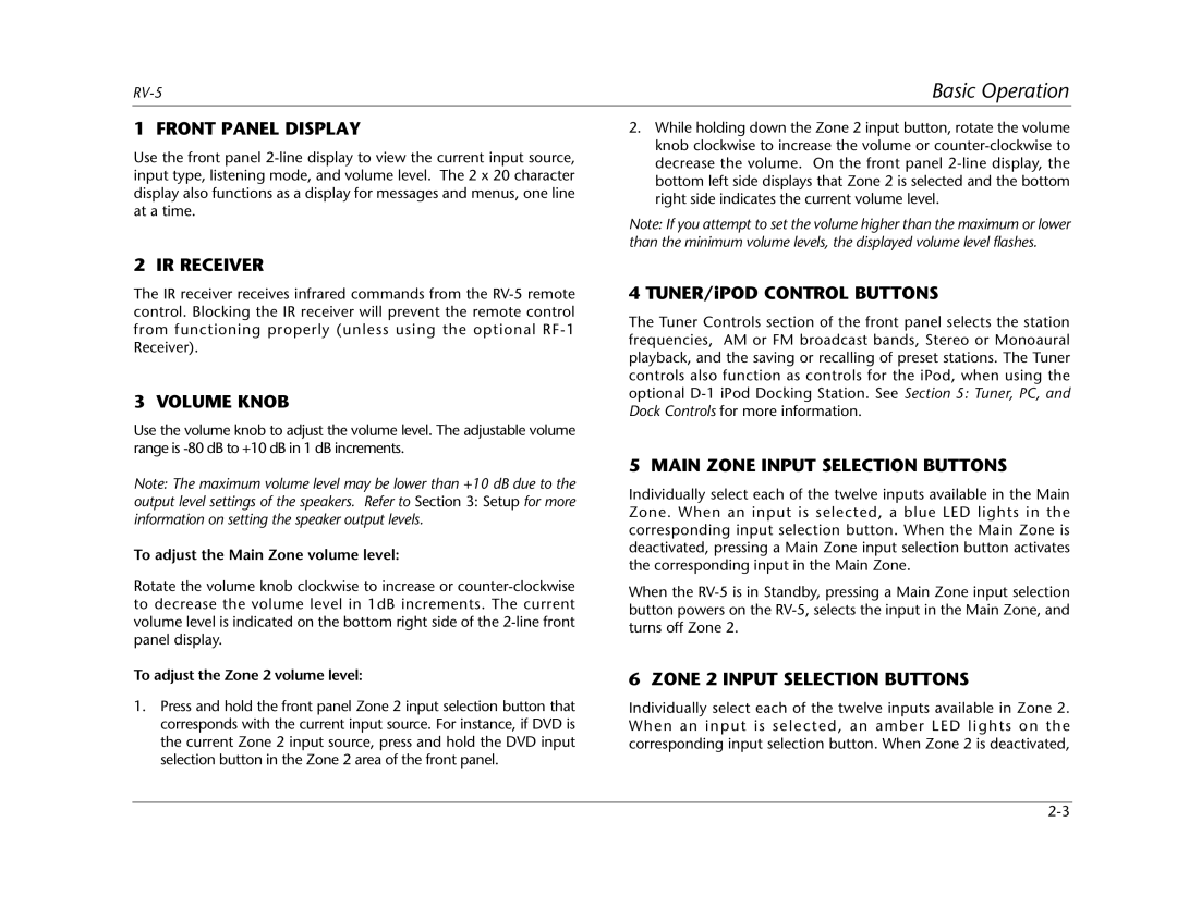 Lexicon RV Receiver manual Front Panel Display, IR Receiver, Volume Knob, Main Zone Input Selection Buttons 