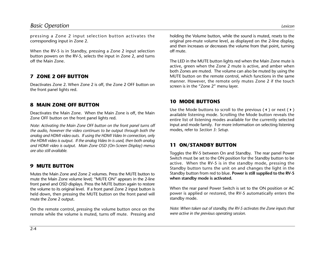 Lexicon RV Receiver manual Zone 2 OFF Button, Main Zone OFF Button, Mute Button, Mode Buttons, 11 ON/STANDBY Button 