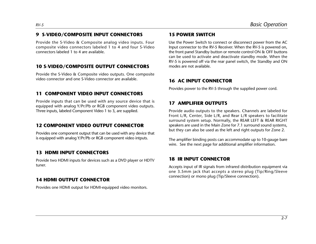 Lexicon RV Receiver VIDEO/COMPOSITE Input Connectors, VIDEO/COMPOSITE Output Connectors, Component Video Input Connectors 