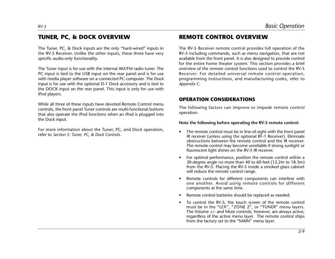 Lexicon RV Receiver manual TUNER, PC, & Dock Overview, Remote Control Overview, Operation Considerations 