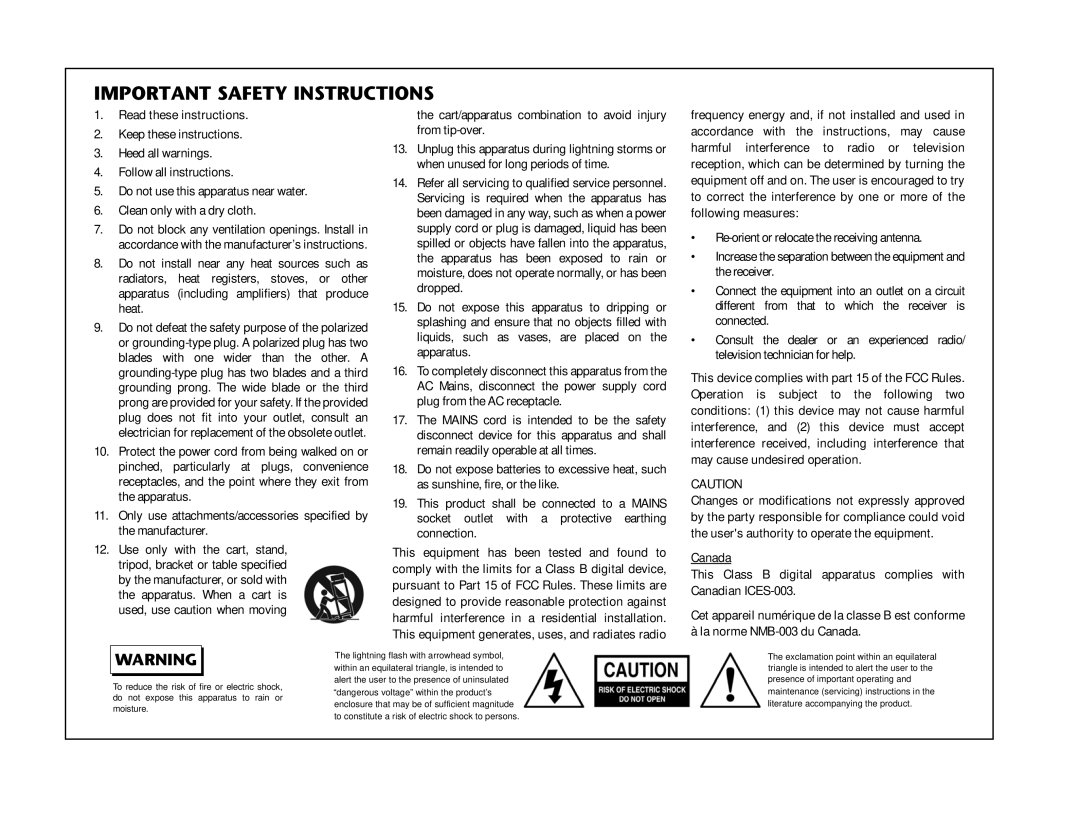 Lexicon RV Receiver manual Important Safety Instructions 