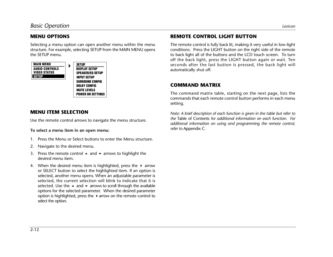 Lexicon RV Receiver manual Menu Options, Remote Control Light Button, Command Matrix, Menu Item Selection 