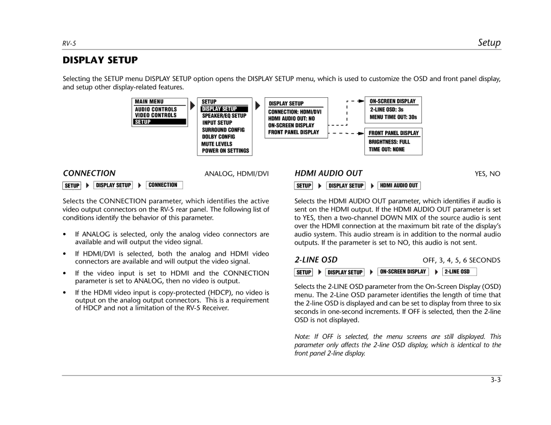 Lexicon RV Receiver manual Display Setup, Connection, Hdmi Audio OUT, Line OSD 