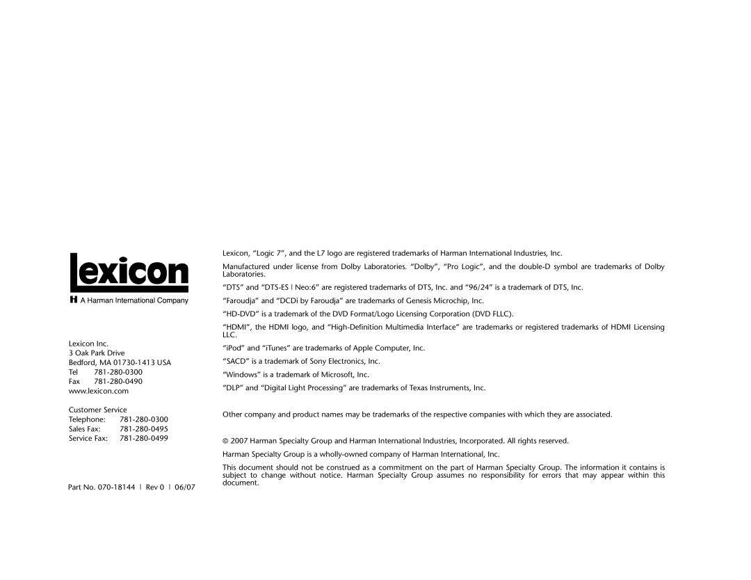 Lexicon RV Receiver manual 