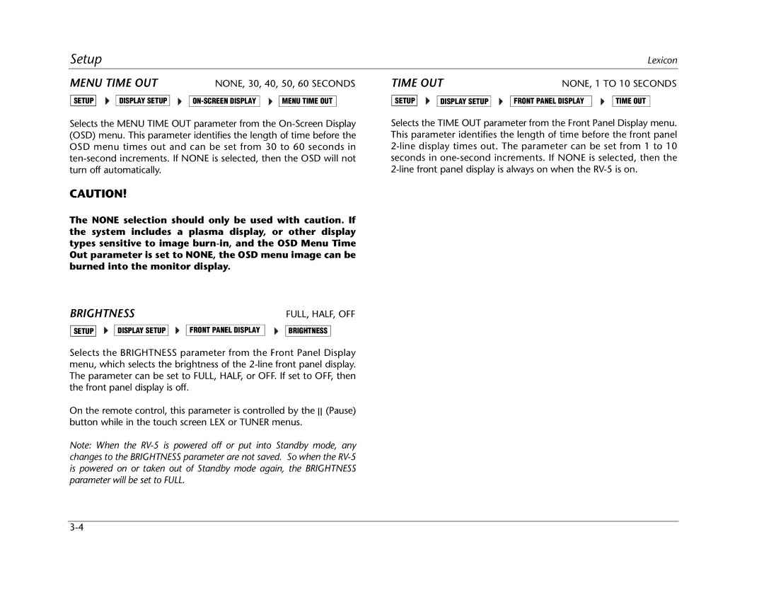 Lexicon RV Receiver manual Menu Time OUT, Brightness, NONE, 30, 40, 50, 60 Seconds 