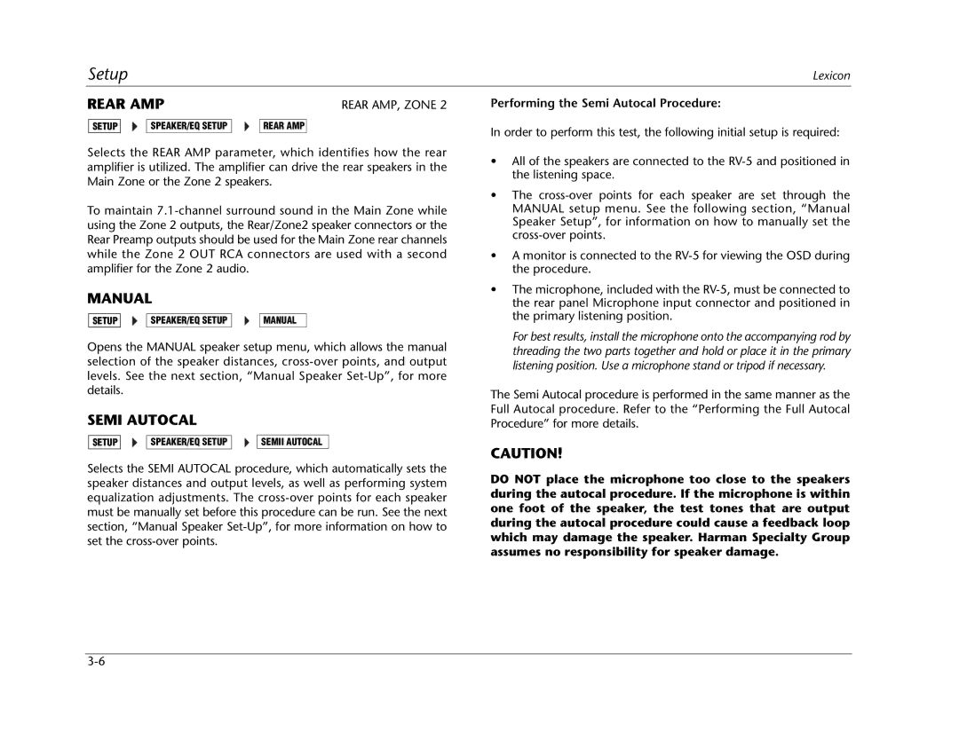 Lexicon RV Receiver manual Rear AMP, Manual, Performing the Semi Autocal Procedure 