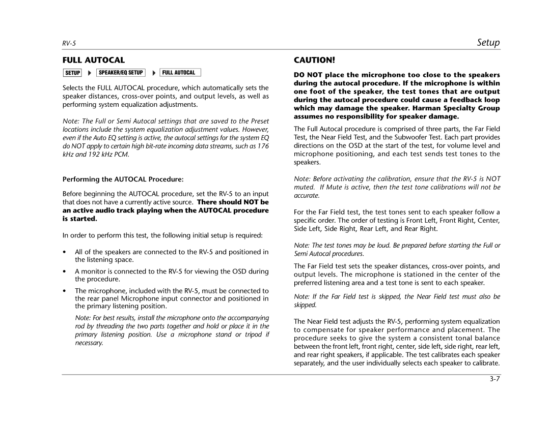 Lexicon RV Receiver manual Full Autocal, Performing the Autocal Procedure 